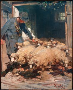 Herder laat schapen uit de stal door Heinrich von Zügel