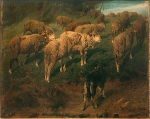 Schapen met zwarte hond door Heinrich von Zügel