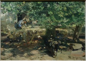 Voor de stal (Schapenkudde dringt de stal binnen) door Heinrich von Zügel