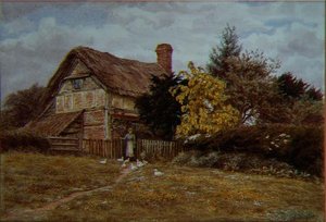 Laburnum Cottage: een vrouw die eenden voert door Helen Allingham