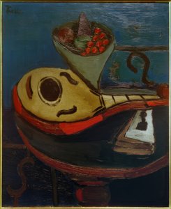 Stilleven: Mandoline en schaal met fruit op een tafel door Helmut Kolle