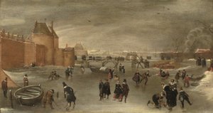 Schaatsers, kolfspelers en sleeën op een bevroren rivier bij de St. Janspoort stadspoort, met de Kruispoort op de achtergrond en de Pinkmolen daarachter, Haarlem door Hendrick Avercamp (studio of)