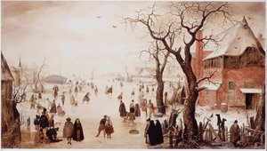 Dutch: Winterlandschap met schaatsers bij een dorp Winter Landscape with Skaters near a Village