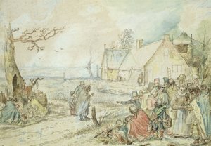 Landschap met zigeuner waarzeggers door Hendrick Avercamp