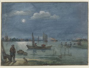 Rivierlandschap bij maanlicht met vissers door Hendrick Avercamp