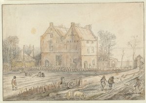 Gezicht op een landhuis met zaaigoed in het veld