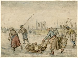 Winterlandschap met twee vrouwen en een slee en andere figuren op het ijs, een galg in de verte door Hendrick Avercamp