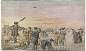 Winterscène op het ijs, met een jager die een otter toont door Hendrick Avercamp