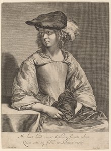 Meisje met een gevederde hoed door Hendrick Bary after Gerard ter Borch the Younger
