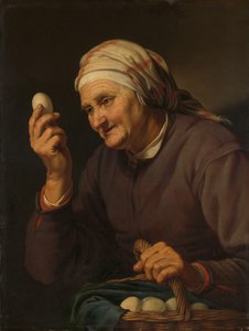 Oude vrouw die eieren verkoopt