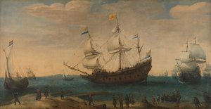 Oost-Indiëvaarders voor een kust door Hendrick Cornelisz Vroom
