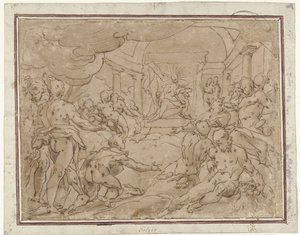 Phaëton vraagt Apollo om de zonnewagen door Hendrick Goltzius (school of)