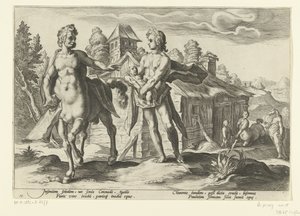 Apollo vertrouwt Asclepius toe aan Chiron door Hendrick Goltzius (workshop of)