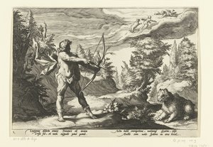 Arcas richt zijn pijl op Callisto door Hendrick Goltzius (workshop of)