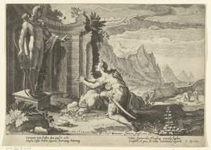 Cadmus vraagt het orakel van Delphi wat hem te doen staat nu hij zijn zuster Europa niet heeft kunnen vinden door Hendrick Goltzius (workshop of)