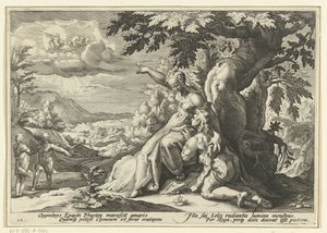 Clymene wijst Phaëthon zijn vader, de zonnegod door Hendrick Goltzius (workshop of)