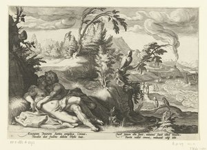 Corvus betrapt het meisje Coronis door Hendrick Goltzius (workshop of)