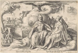 Discussie tussen Jupiter en Juno door Hendrick Goltzius (workshop of)