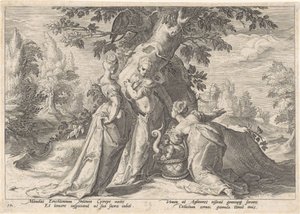 Dochters van Cecrops openen de mand van Minerva Metamorfosen van Ovidius door Hendrick Goltzius (workshop of)