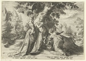 Dochters van Cecrops openen de mand van Minerva door Hendrick Goltzius (workshop of)