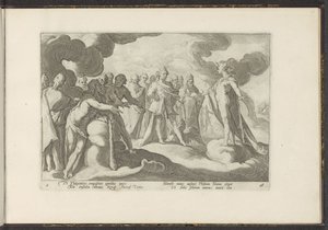 Goden verzoeken de zonnegod om weer in zijn wagen te rijden door Hendrick Goltzius (workshop of)
