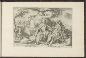 Jupiter en Juno discussiëren over de vraag bij welke van de seksen de lust in liefde groter is door Hendrick Goltzius (workshop of)