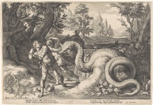 Metgezellen van Cadmus door een draak verslonden door Hendrick Goltzius (workshop of)