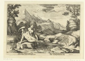 Salmacis en Hermaphroditus door Hendrick Goltzius (workshop of)