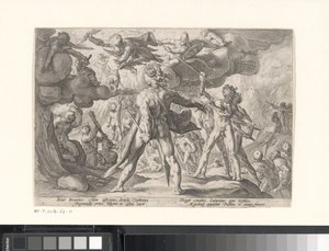Strijd tussen de goden en de giganten (Metamorfosen van Ovidius) door Hendrick Goltzius (workshop of)
