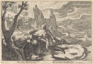 Thisbe vlucht voor de leeuwin (Metamorfosen van Ovidius) door Hendrick Goltzius (workshop of)