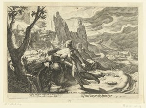 Thisbe vlucht voor een leeuw door Hendrick Goltzius (workshop of)