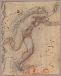 Een naakte vrouwenfiguur vluchtend naar rechts met uitgestrekte armen, met schets van een buste van een tweede figuur (recto); een schets van een naakte, knielende vrouwenfiguur, ondersteund door een andere staande figuur (verso) door Hendrick Goltzius
