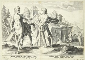 Apollo vertrouwt Cheiron de opleiding van Asklepios toe