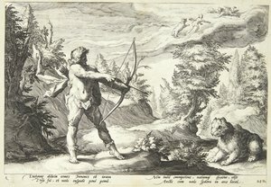Arcas bereid om zijn moeder te doden door Hendrick Goltzius