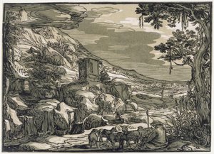 Arcadisch landschap met een herder door Hendrick Goltzius