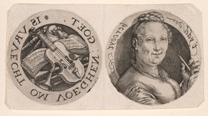 Borstbeeld van een vrouw met een fluit en muziekinstrumenten, op één blad door Hendrick Goltzius