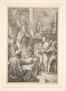 Christus voor Caiphas, uit De Passie, nr. 4 in een serie van 12 gravures door Hendrick Goltzius