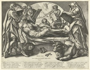 De gestorven Christus en de vier evangelisten door Hendrick Goltzius