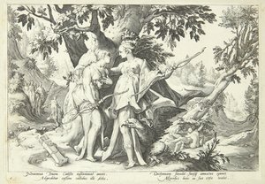 Jupiter vermomd als Diana verleidt Kallisto door Hendrick Goltzius