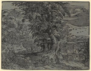 Landschap met zittend paar en herder, blad 2 uit de reeks "Vier kleine landschappen" door Hendrick Goltzius