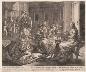 Lucretia en haar vrouwen spinnen, uit Het verhaal van Lucretia door Hendrick Goltzius