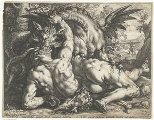 Metgezellen van Cadmus door een draak verslonden door Hendrick Goltzius