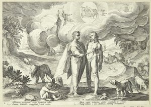 Prometheus creëert de mens en geeft het leven met vuur uit de hemel door Hendrick Goltzius