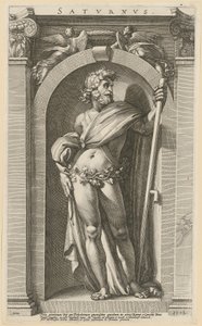 Saturnus, blad 1 uit de serie "Acht antieke godheden" door Hendrick Goltzius