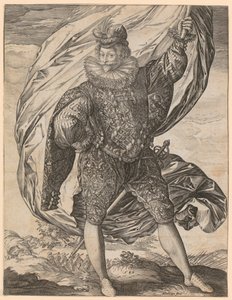 Staande vaandeldrager, met het hoofd naar links gewend door Hendrick Goltzius
