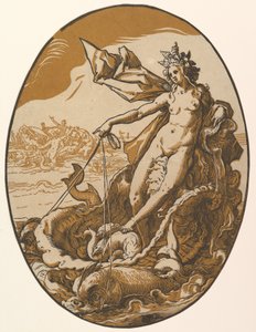 Tethys liggend in een reusachtige schelpenwagen getrokken door twee zeedieren, uit „De godheden“