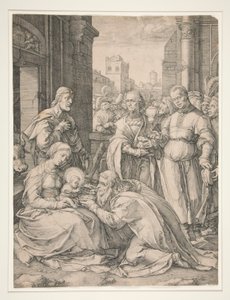 De Aanbidding der Wijzen, uit de serie De Geboorte en Vroege Leven van Christus door Hendrick Goltzius