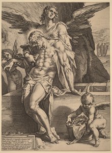 Het lichaam van Christus, ondersteund door engelen door Hendrick Goltzius