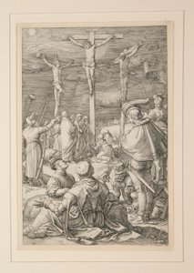 De kruisiging (Christus aan het kruis), uit De Passie, #10 in een serie van 12 gravures door Hendrick Goltzius