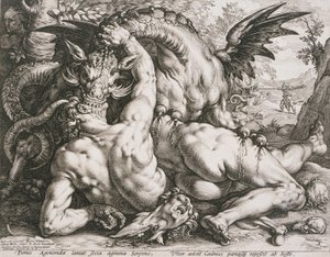 De draak die de metgezellen van Cadmus verslindt door Hendrick Goltzius